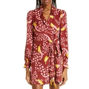 Farm Rio Tucanissimo Burgundy Long Sleeve Abstract Print Wrap Dress Women's L